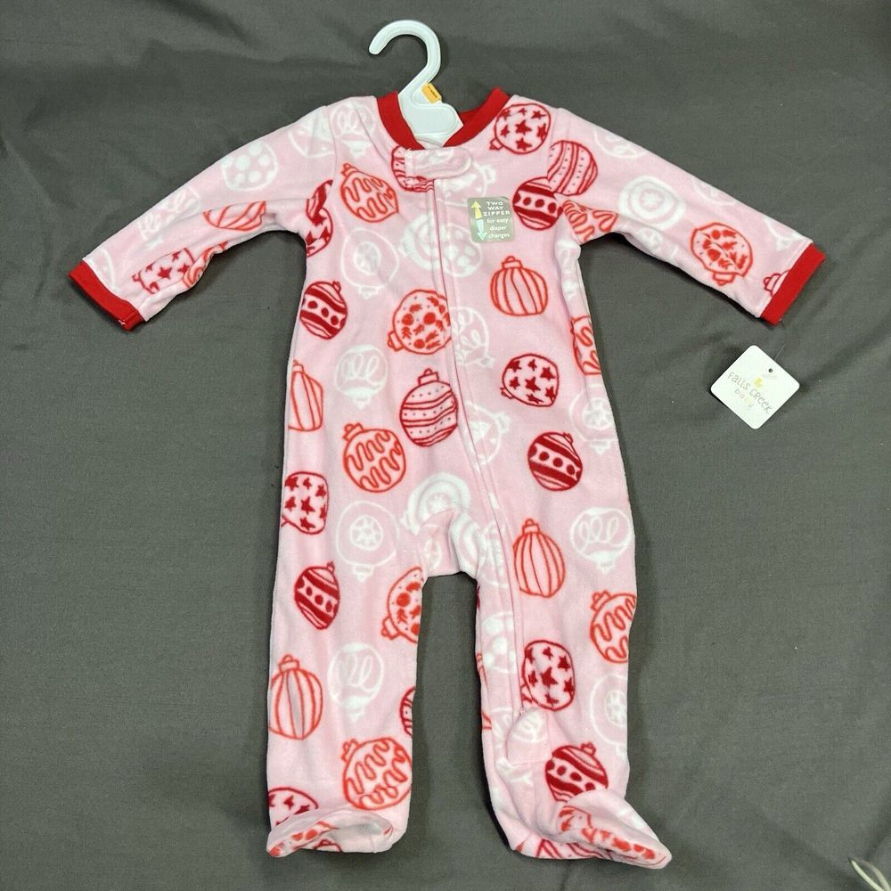 Falls Creek Fleece Footed Sleeper / 3-6M Baby Girls / Pink / Ornaments Christmas